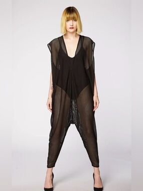 Evan Biddell Black Sparkle Mesh Jumpsuit Cover Up Avant Garde Sheer Overlay OS
